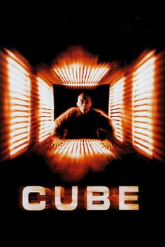 a movie poster with the words cube in front of an image of a man looking out from