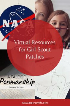 two girls looking at the camera with text overlay that reads virtual resources for girl scout patches