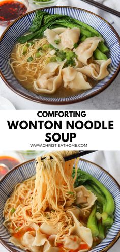 two plates filled with wonton noodle soup and broccoli on the side