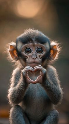 a small monkey with its hands in the shape of a heart