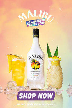 an advertisement for maliru with pineapples and two drinks on ice cubes