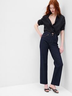 High Rise Cotton '90s Loose Jeans Venus Aesthetic, High Waisted Straight Jeans, French Outfits, Loose Fit Jeans, Water Saving, Dark Indigo, Loose Jeans, Dark Wash Jeans, High Rise Jeans