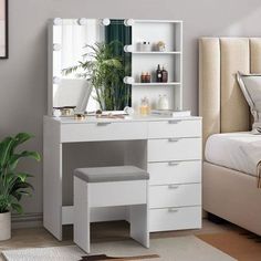 This is a multi-functional dressing table. This model is made of high-quality plates, high-quality metal handles, and high-hardness installation accessories. The structure design of 6 drawers, 2 shelves and 1 mirror cabinet allows the storage of this product. The object space is greatly improved; 3 colors are adjustable, white light/warm white/warm light, which can be switched at will in different application scenarios. Specifications: Color: White 1. Overall Size: (39.4*17.7*55.1) Inches / (100*45*140)Cm(Length*Width*Height) 2. Dressing Table Size: (39.4*17.7*29.5)" / (100*45*75)Cm(Length*Width*Height) 3. Stool Size: (15.75*11.81*17.72)" / (40*30*45)Cm (Length*Width*Height) 4. Large Drawer Size: (20.9*11.2*2.2) Inches / (53*28.5*5.5) cm(Length*Width*Height) Small Drawer Size: (12.6*11*2.2 White Desk/vanity, Vanity With Shelves, Room Ideas Furniture, Mirrored Cabinet Doors, White Dressing Tables, Sliding Mirror, White Room Decor, Makeup Dressing Table