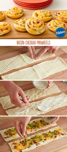 the process for making bacon cheddar pinwheels is shown