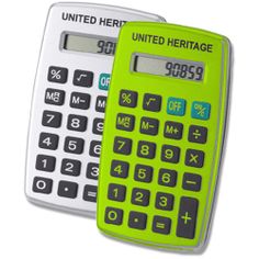 two green and white calculators sitting next to each other on a white background