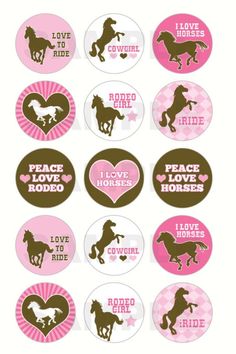 pink and brown horse stickers with i love horses written on the front, in different colors