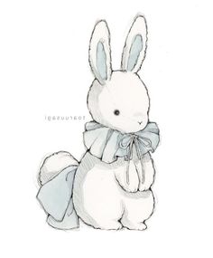 a drawing of a white rabbit with a blue ribbon around its neck and ears, sitting in front of a white background