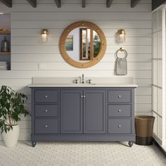 a bathroom with a sink, mirror and potted plant on the floor in front of it