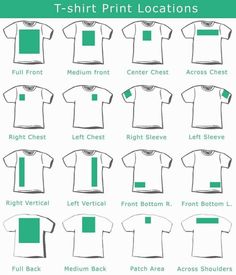 t - shirt print locations in different colors and sizes