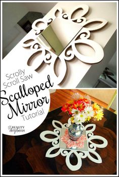 two pictures with flowers in vases on table next to mirror and decorative wall art