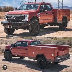 two pictures of the same red truck in different stages of being driven on dirt roads