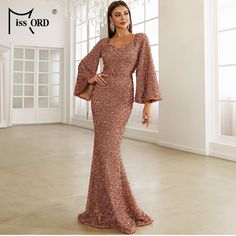 Miss Ord Women’s Formal Sequins Elegant V-Neck Prom Maxi Dress, Long Sleeve Mermaid Floor-Length Evening Gowns Brand New With Tags Sequin Wedding Gown, Elegant Mermaid Dress, Gold Evening Gown, Silver Evening Gowns, Sukienki Plus Size, 파티 드레스, Evening Dresses With Sleeves, Sequin Prom Dress, Vestido Plus Size