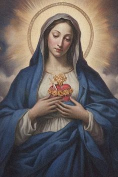 the immaculate mary holding a heart in her hands