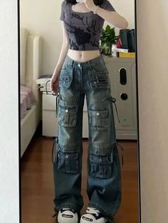 Couleur: Bleu; Taille: XS, S, M, L, XL Celana Kargo, Celana Fashion, Denim Cargo Pants, Streetwear Jeans, Casual Wide Leg Pants, Street Style Trends, Low Waisted, Y2k Streetwear, Straight Pants