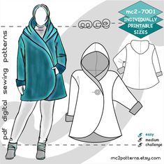 a woman's coat and hoodie sewing pattern from the front, with measurements for it