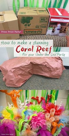 there is a box with some tissue paper on it and the words how to make a stunning coral reef for your under the sea party