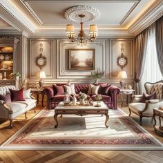 a living room filled with furniture and a chandelier