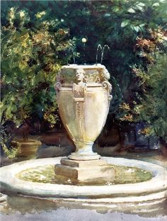 a painting of a vase sitting on top of a fountain in the middle of a garden