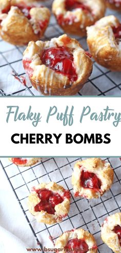 Satisfy your sweet cravings with our irresistible Flaky Puff Pastry Cherry Bombs. Made with a light and flaky pastry shell and a sweet and tangy cherry filling, these mini pastries are the perfect treat for any time of day. Puff Pastry And Jam Recipes, Easy Dessert Recipes Using Puff Pastry, Dessert With Puff Pastry Easy, Berry Turnovers Puff Pastries, Cherry Cheese Puff Pastry, Puff Pastry Cupcake Pan, Irresistible Cream And Berry-filled Pastry Balls, Fruit Filled Puff Pastry, Puff Pastry Shell Dessert