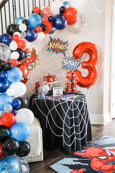 Spider-man birthday party 3rd boy superhero Marvels Theme Birthday Party, Third Birthday Spiderman, Spiderman Birthday Balloons, Superhero Third Birthday, Spiderman Bday Decoration, Spider Man Party Decoration, Super Hero 3rd Birthday Party Ideas, Superhero Third Birthday Party, Spider Man Birthday Theme