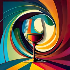 an abstract painting with a wine glass in the center and colorful swirls around it