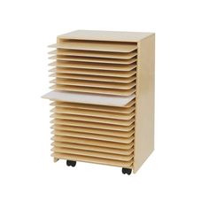 a stack of wooden shelves sitting on top of each other in front of a white background