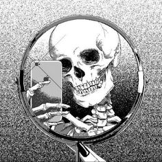 a magnifying glass with a skeleton looking at it's reflection in the mirror