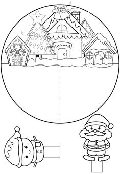 a christmas themed coloring page with an image of santa and his house in the background