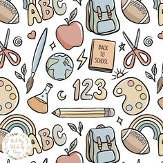 back to school seamless pattern with books, pencils, apples and other items