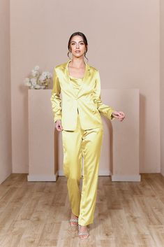 Model: Lindsey; Size: 4 Chic Satin Sets For Night Out, Elegant Fitted Sets For Wedding Night, Elegant Fitted Set For Wedding Night, Elegant Fitted Wedding Night Set, Chic Fall Wedding Pantsuit, Fall Wedding Long Sleeve Pantsuit, Fall Wedding Long-sleeved Pantsuit, Party Satin Tuxedo Outerwear, Glamorous Tailored Wedding Suits