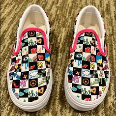 Custom Slip On Vans. My Daughter Customized These But Unfortunately They Don’t Fit Her. These Are 23cm For Size Reference Painting Vans Shoes, Cute Vans Sneakers For School, Fun Multicolor Vans Sneakers, Cute Multicolor Sneakers For School, Cute Multicolor Vans Sneakers, Painting Vans, Customizing Shoes, Custom Vans Slip On, Custom Slip On Vans