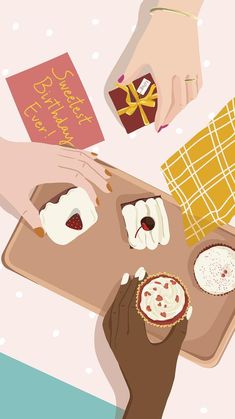 two hands reaching for pastries on a tray that says happy birthday to all of us