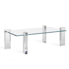 a glass table with two metal legs