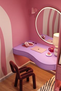 a room with a desk, mirror and chair in the corner next to a bed