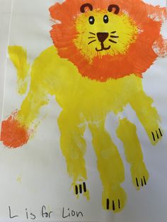 a child's handprint with a lion painted on it and the words, li is for lion