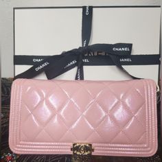 This Geougous Wallet Is In Excellent Condition. Only Had The Outside Professionally Refurbished In A Pink Irridences. So Stunning. Very Classy With The Gray. Very Clean. No Rips Tears Or Loose Threads. Very Clean. Zippers Work Great. Holds Alot. Approx 7 1/2 W 4 H Inches. Please See All Pics For Any Wear And For Authenticity Purposes. Comes With Authenticity Card Box And Ribbon. Luxury Wallet With Removable Pouch Crossbody, Rectangular Pink Wallet On Chain For Evening, Luxury Rectangular Wallet On Chain As Gift, Elegant Pink Rectangular Wallet On Chain, Pink Rectangular Leather Clutch, Designer Party Wallet On Chain In Rectangular Shape, Luxury Pink Shoulder Bag For Evening, Designer Pink Clutch For Party, Luxury Blush Rectangular Shoulder Bag