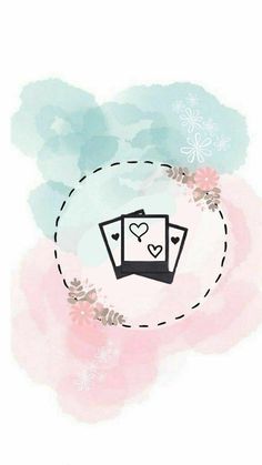 two playing cards with hearts in the middle on a pink and blue background, surrounded by flowers