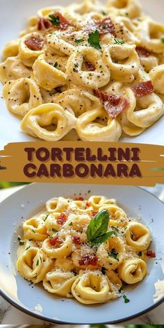 tortellini carbonara with bacon and parmesan cheese on top, served in a white bowl