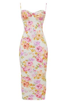 Ravishing and romatic, this flowery dress is lilted with lace and designed with a bustier bodice featuring undewire support. Exclusive retailer Sweetheart neck Lined 97% polyester, 3% elastane with 100% polyester contrast Dry clean Imported Floral Corset Midi Dress, House Of Cb Floral Dress, Tropical Cocktail Dress, Romantic Outfits For Women, Dress Made Of Flowers, Spring Dress Aesthetic, Summer Dress Flowers, Feminine Clothing Style, Houseofcb Dresses