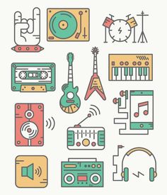 an illustration of various musical instruments and sound equipment, including a guitar, headphones, speakers