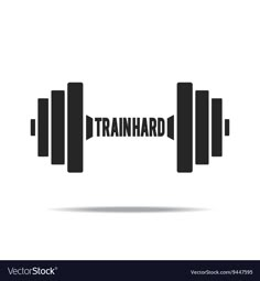 the word train hard in front of two dumbbells on a white background with shadow