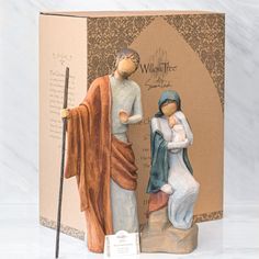 TITLE: The Christmas Story SENTIMENT: Her name is Mary. His name is Joseph. The baby, Jesus DESCRIPTION: The Christmas Story large-scale nativity collection has a majestic presence. The two-piece set of Mary and Joseph fit with the three Gentle Animals of the Stable on the wood base of the 24Óh Sanctuary backdrop. Pierced metal Tree Silhouettes can add color and texture. (Gentle Animals of the Stable, Sanctuary backdrop and Tree Silhouettes sold separately) Willow Tree hand-carved figures reveal Tree Fillers, Body Gestures, Nativity Figures, The Christmas Story, Mary And Joseph, Tree People, Metal Tree, Christmas Story, Tree Silhouette