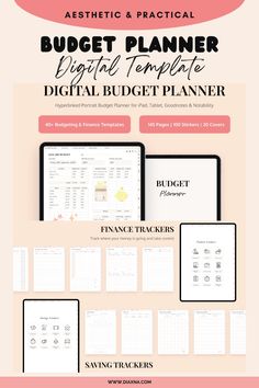 the digital planner is displayed on top of a pink background with black and white text