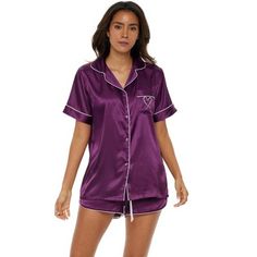 This women's satin pajama set from Alexander Del Rossa would be a great addition to any wardrobe. The short sleeved pajama top features a button down front, two front pockets and a collar with contrasting trim. The bottoms feature an elastic waist for a comfortable fit. If you're not completely satisfied with this pajama set returns are accepted. Satin Pajamas Set, Bedtime Outfit, Purple Pajamas, Silk Pjs, Satin Pajama Set, Buy Clothes Online, Pyjamas Womens, Satin Pajama, Contrasting Trim