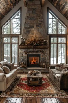 a living room with two couches and a fire place in the middle of it