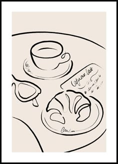 a black and white drawing of food on a table with a coffee cup, bread and saucer