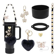 the contents of a black coffee cup, bracelets, and other accessories are arranged on a white background