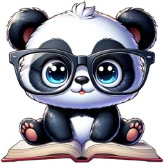 a panda bear wearing glasses while sitting on top of an open book with the pages folded down