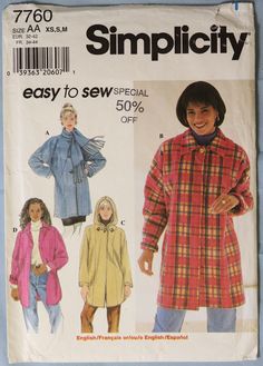 a woman's coat and jacket sewing pattern from the 1970's, easy to sew