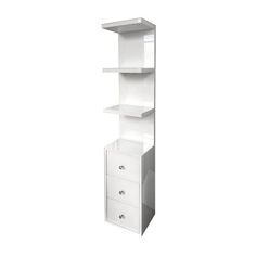 a tall white shelf with three drawers